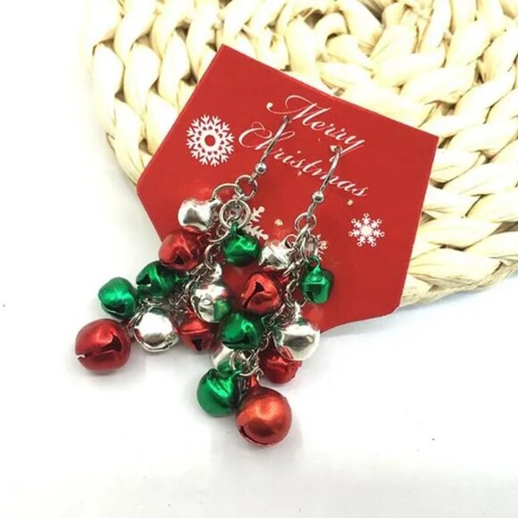 Christmas Jingle Bells Dangle Earrings, Make Noise - Green, Red, Silver Bells - Picture 3 of 9